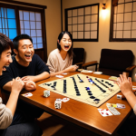 **Prompt:** A warmly lit living room scene. Friends gathered around a table, engrossed in a cooperative escape room board game. Dice scattered, cards spread out. The atmosphere is one of collaboration, laughter, and shared excitement. Focus on the expressions of teamwork and problem-solving. Japanese style room.