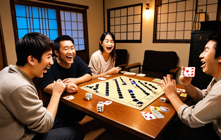 **Prompt:** A warmly lit living room scene. Friends gathered around a table, engrossed in a cooperative escape room board game. Dice scattered, cards spread out. The atmosphere is one of collaboration, laughter, and shared excitement. Focus on the expressions of teamwork and problem-solving. Japanese style room.