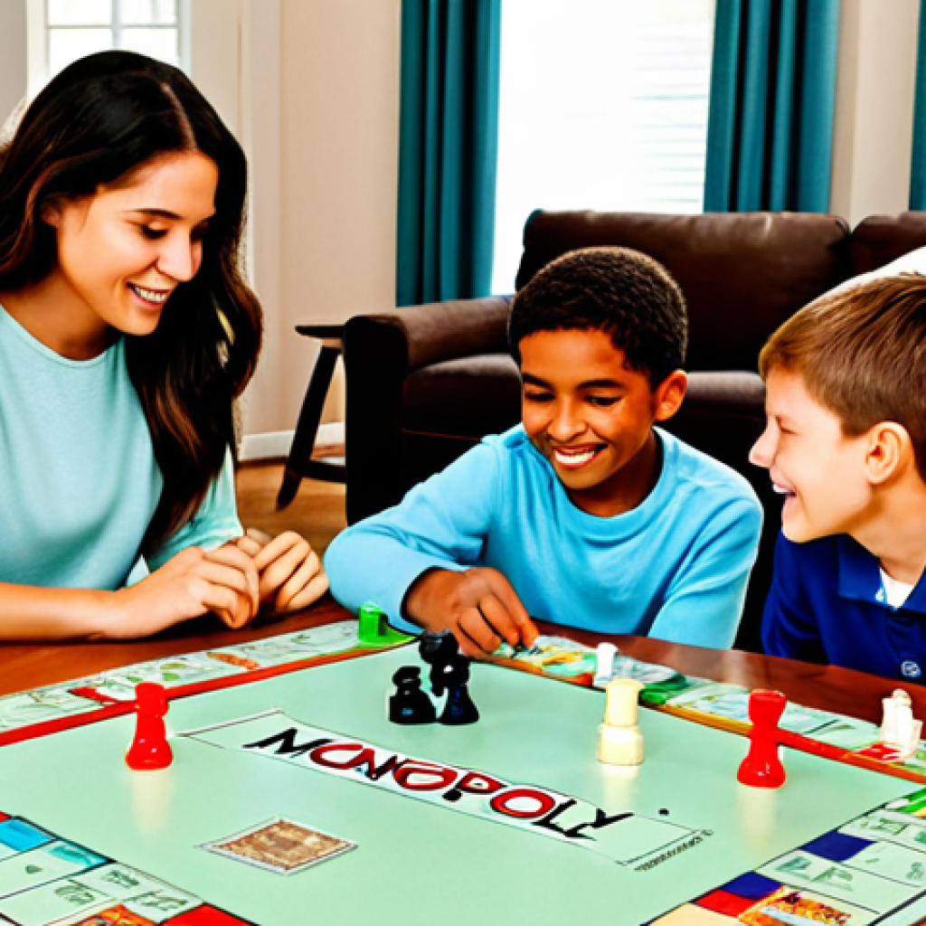 A diverse group of adults and children, fully clothed in comfortable, modest, family-friendly attire, gathered around a classic Monopoly board in a cozy, well-lit living room. They are actively engaged in gameplay, with expressions showing a mix of concentration, strategic thinking, and friendly negotiation. The classic Monopoly game board, dice, tokens, money, and miniature houses and hotels are clearly visible on the table. The atmosphere is warm and inviting, capturing the essence of a lively game night. perfect anatomy, correct proportions, natural pose, well-formed hands, proper finger count, natural body proportions, professional photography, high quality, safe for work, appropriate content, fully clothed, family-friendly.