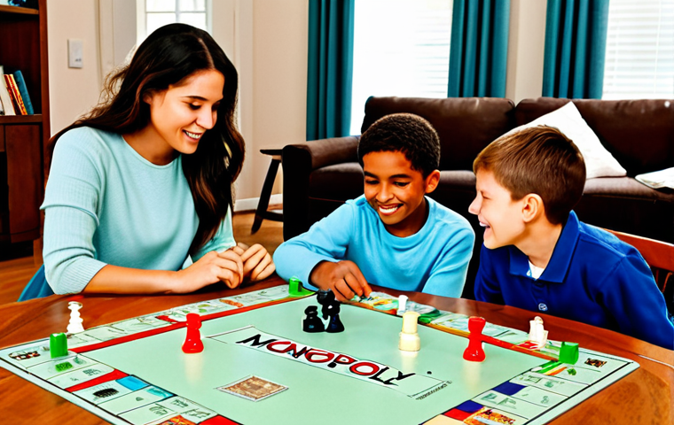 A diverse group of adults and children, fully clothed in comfortable, modest, family-friendly attire, gathered around a classic Monopoly board in a cozy, well-lit living room. They are actively engaged in gameplay, with expressions showing a mix of concentration, strategic thinking, and friendly negotiation. The classic Monopoly game board, dice, tokens, money, and miniature houses and hotels are clearly visible on the table. The atmosphere is warm and inviting, capturing the essence of a lively game night. perfect anatomy, correct proportions, natural pose, well-formed hands, proper finger count, natural body proportions, professional photography, high quality, safe for work, appropriate content, fully clothed, family-friendly.
