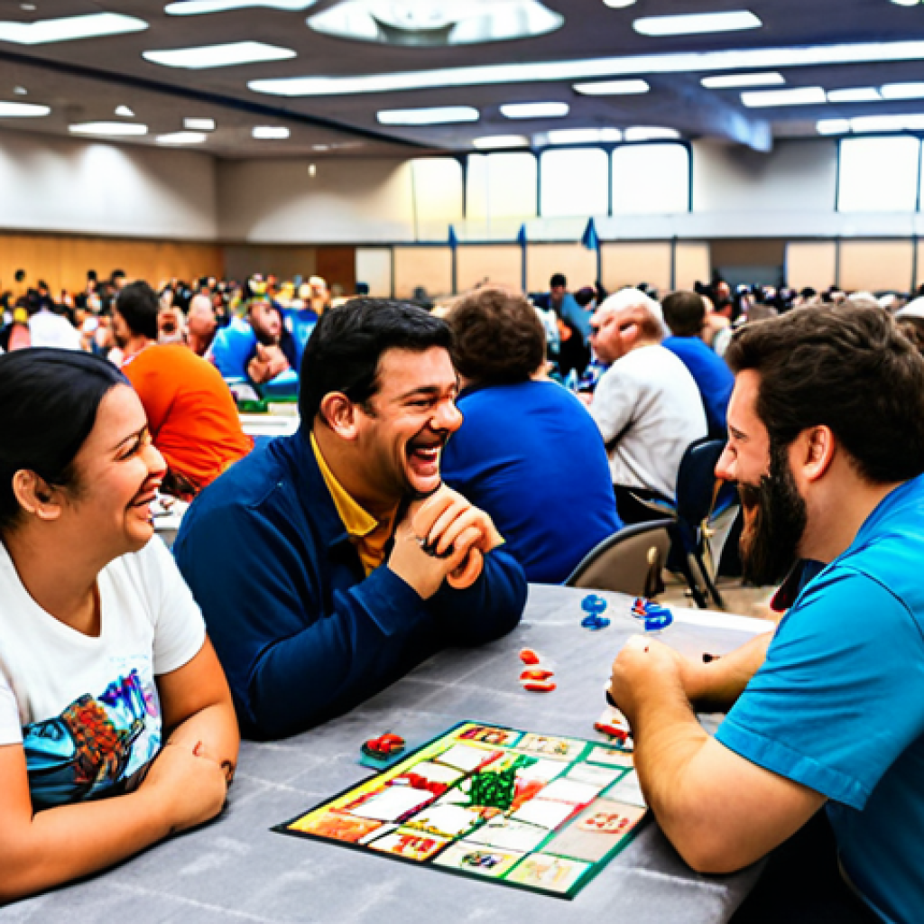 A diverse group of adults, fully clothed, actively engaged in a vibrant board game community event. They are seated at tables in a brightly lit convention hall, laughing, discussing strategies, and playing various board games. The atmosphere is lively and collaborative, with banners in the background promoting a "Fan Gathering." All subjects are in modest, casual, and appropriate attire, with some wearing subtle, family-friendly cosplay accessories. Professional photography, high resolution, sharp focus, natural lighting, perfect anatomy, correct proportions, natural pose, well-formed hands, proper finger count, natural body proportions, safe for work, appropriate content, fully clothed, family-friendly.