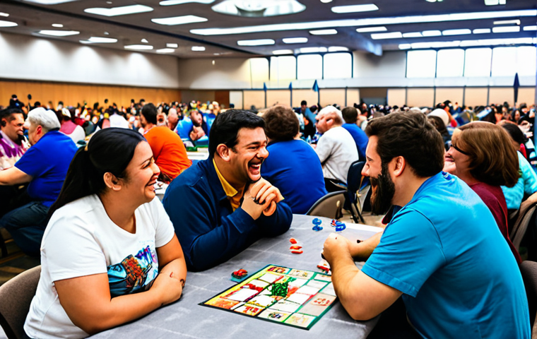 A diverse group of adults, fully clothed, actively engaged in a vibrant board game community event. They are seated at tables in a brightly lit convention hall, laughing, discussing strategies, and playing various board games. The atmosphere is lively and collaborative, with banners in the background promoting a "Fan Gathering." All subjects are in modest, casual, and appropriate attire, with some wearing subtle, family-friendly cosplay accessories. Professional photography, high resolution, sharp focus, natural lighting, perfect anatomy, correct proportions, natural pose, well-formed hands, proper finger count, natural body proportions, safe for work, appropriate content, fully clothed, family-friendly.