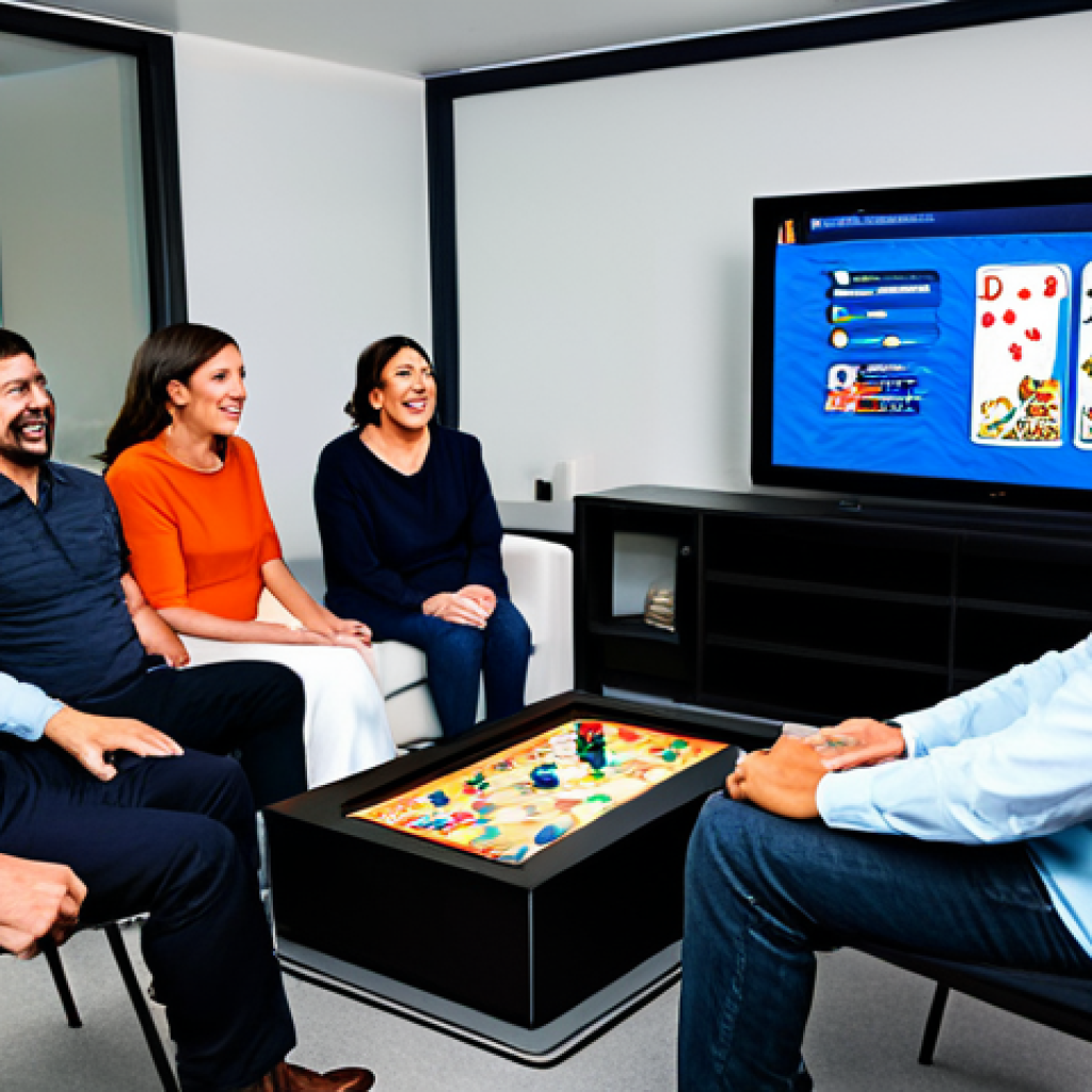 A diverse group of professional adults, fully clothed in modest, contemporary business casual attire, gathered in a modern, comfortable lounge area. They are captivated, watching a vibrant board game stream displayed on a large, high-definition screen, expressing shared excitement and deep engagement. The scene emphasizes the community aspect and the seamless fusion of digital entertainment with the analog appeal of board games. Perfect anatomy, correct proportions, natural poses, well-formed hands, proper finger count. Professional photography, high quality, realistic, safe for work, appropriate content, fully clothed, family-friendly.