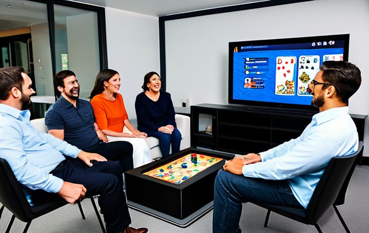 A diverse group of professional adults, fully clothed in modest, contemporary business casual attire, gathered in a modern, comfortable lounge area. They are captivated, watching a vibrant board game stream displayed on a large, high-definition screen, expressing shared excitement and deep engagement. The scene emphasizes the community aspect and the seamless fusion of digital entertainment with the analog appeal of board games. Perfect anatomy, correct proportions, natural poses, well-formed hands, proper finger count. Professional photography, high quality, realistic, safe for work, appropriate content, fully clothed, family-friendly.