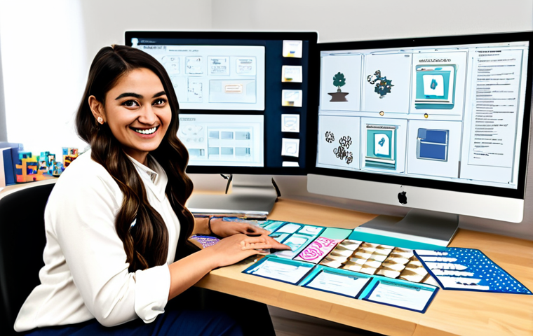 Digital Board Game Design Studio** "A bright, modern digital workspace showcasing a computer screen with board game design software (Canva or similar) open. A female graphic designer, fully clothed in modest, professional attire, is smiling as she works. Various board game components (cards, tiles, meeples) are neatly arranged on the desk. Background elements include design books, a stylish lamp, and a whiteboard with brainstorming notes. Safe for work, appropriate content, perfect anatomy, well-formed hands, professional, family-friendly, digital illustration, high quality." **