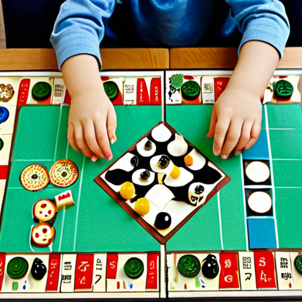 보드게임과 교육 - Children Playing Board Game** "子どもたちがテーブルを囲んでボードゲームで遊んでいる様子。笑顔で楽しそう。リビングルーム、家族団らん、暖色系の照明、背景に本棚。安全な遊...