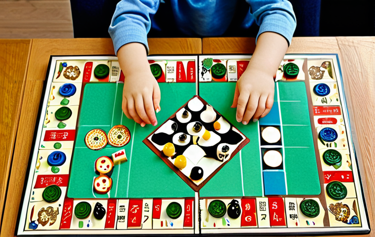 보드게임과 교육 - Children Playing Board Game** "子どもたちがテーブルを囲んでボードゲームで遊んでいる様子。笑顔で楽しそう。リビングルーム、家族団らん、暖色系の照明、背景に本棚。安全な遊...
