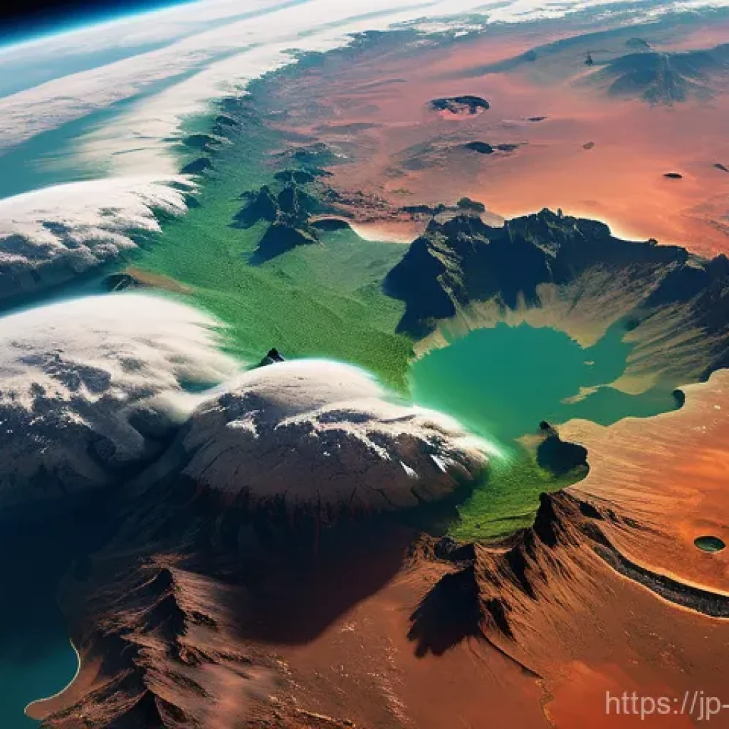 보드게임 테라포밍 마스 - An epic, high-angle view of Mars, majestically undergoing terraformation. One half of the planet pro...