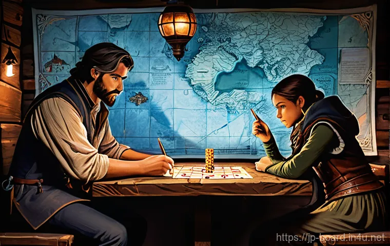 보드게임 장르별 특징 - **Prompt: A focused and strategic gathering of 4 individuals (mixed genders, mid-30s to 40s) deeply ...