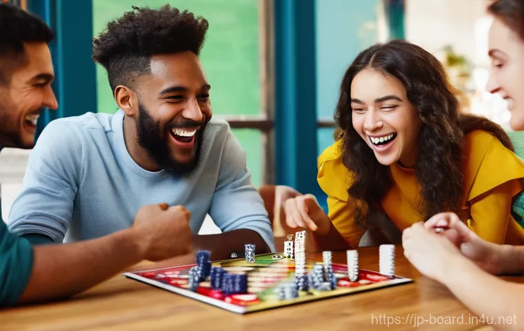 보드게임 종류와 분류 - **Prompt 1: Lively Board Game Party with Friends** A vibrant, medium shot of a diverse group of ...