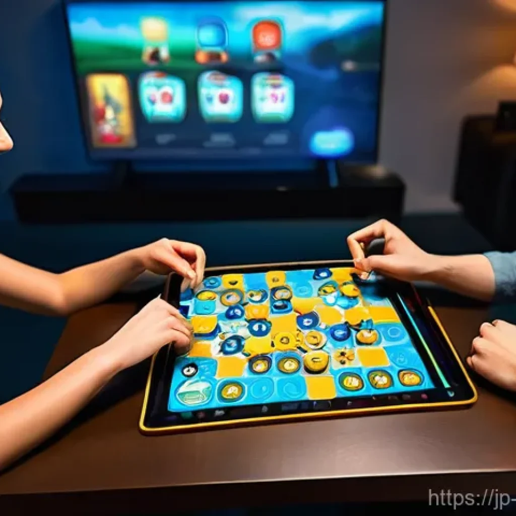 보드게임 기술 트렌드 - **Prompt 1: Smartphone App Enhanced Board Game Experience** A diverse group of three to four fri...