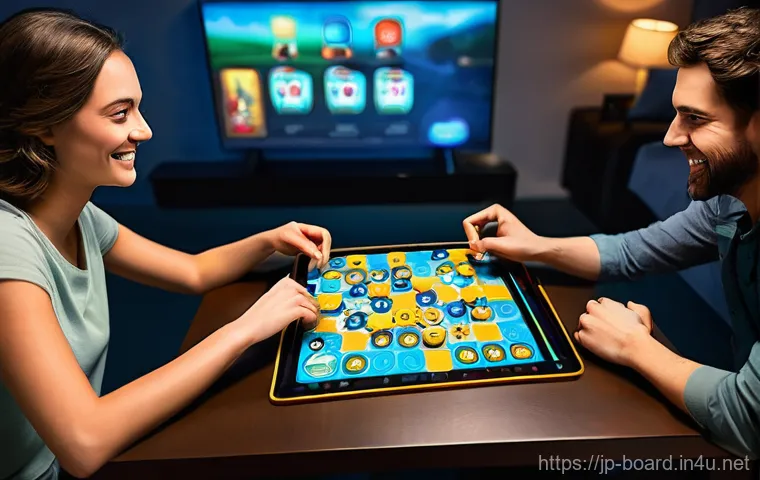 보드게임 기술 트렌드 - **Prompt 1: Smartphone App Enhanced Board Game Experience** A diverse group of three to four fri...