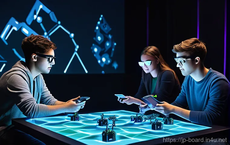 보드게임 기술 트렌드 - **Prompt 1: Smartphone App Enhanced Board Game Experience** A diverse group of three to four fri...
