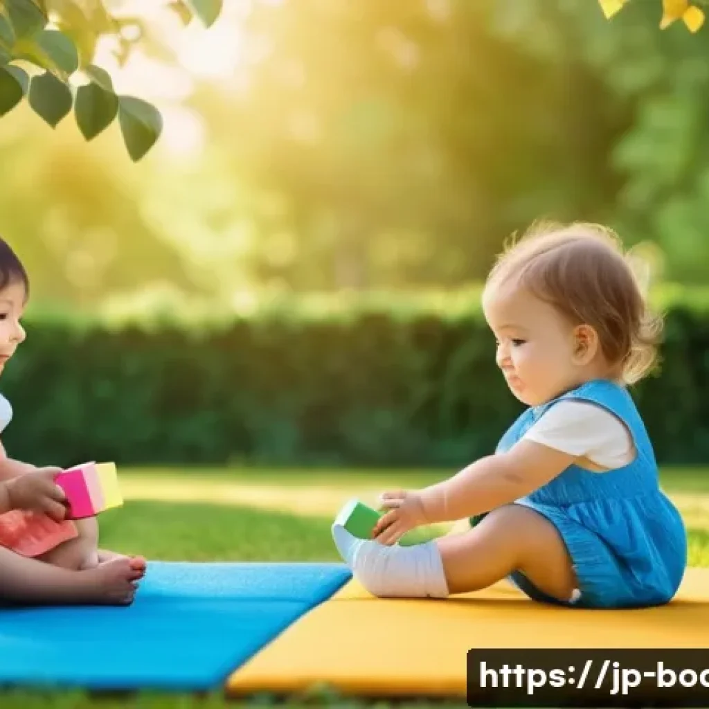보드게임과 AI - **Prompt:** A sunlit park scene. A group of toddlers are playing various simple games on a colorful ...