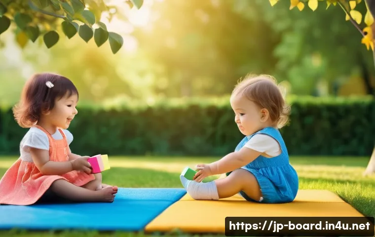 보드게임과 AI - **Prompt:** A sunlit park scene. A group of toddlers are playing various simple games on a colorful ...