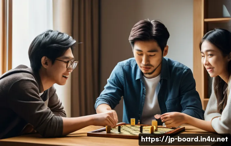 보드게임과 창의성 - A diverse group of Japanese friends playing a strategic board game in a modern living room, showing ...