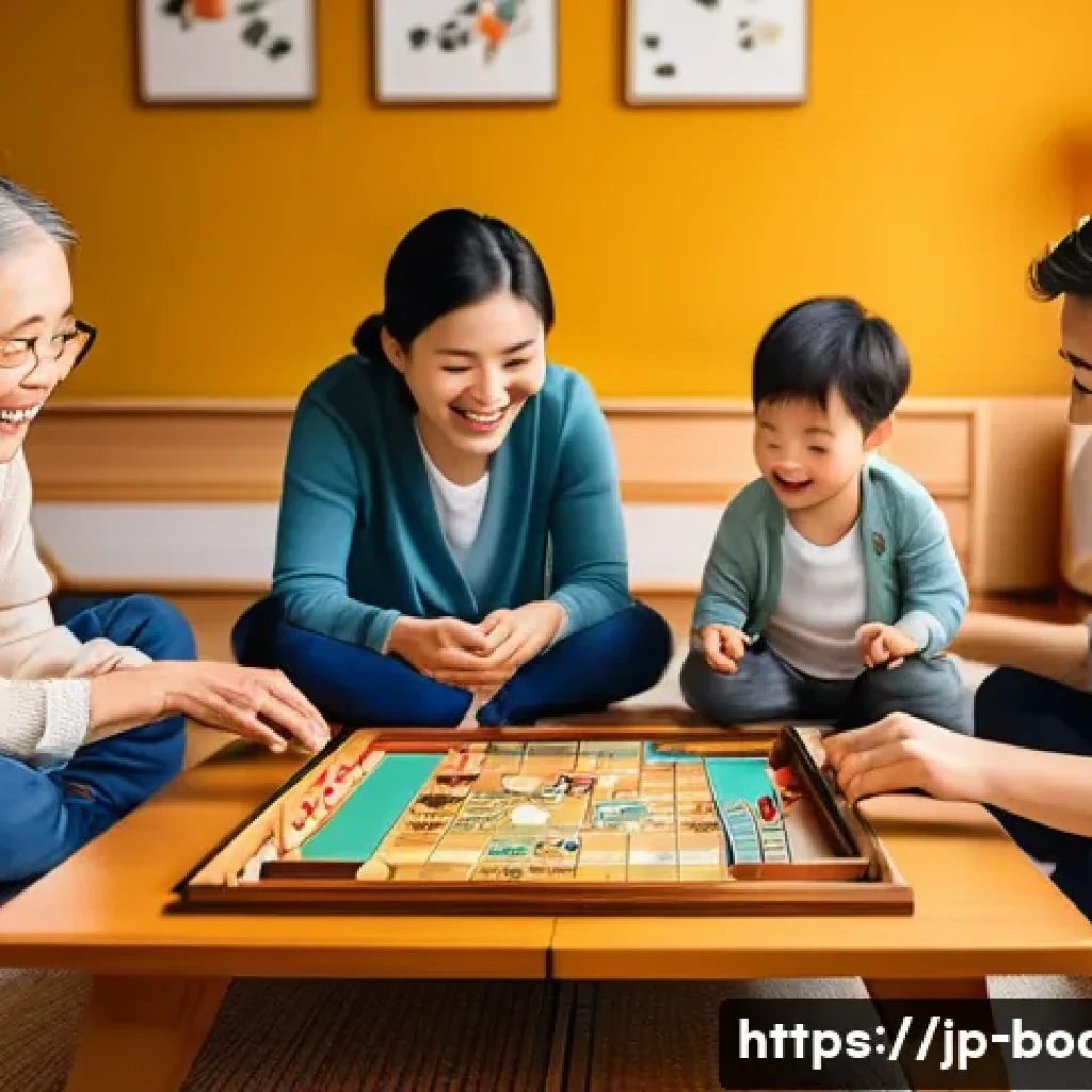 보드게임 관련 설문조사 - A cozy Japanese living room scene showing a multi-generational family gathered around a low wooden t...
