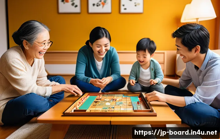보드게임 관련 설문조사 - A cozy Japanese living room scene showing a multi-generational family gathered around a low wooden t...