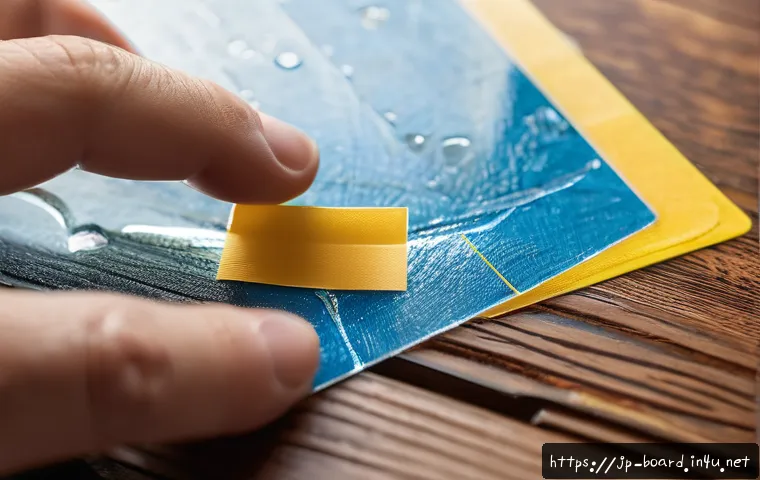 보드게임 수리 방법 - A close-up scene of a well-used board game card being carefully reinforced at its corners with thin,...