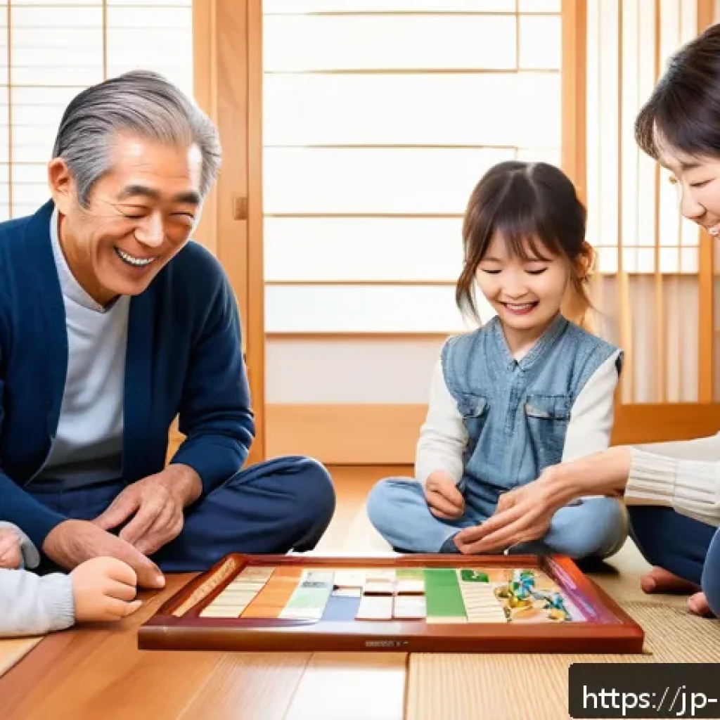 보드게임 연령별 추천 - A multigenerational Japanese family joyfully playing a board game around a low wooden table in a coz...