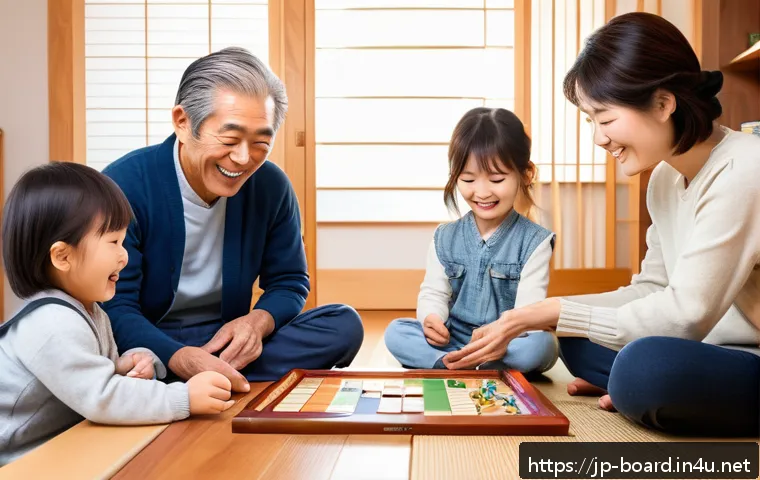 보드게임 연령별 추천 - A multigenerational Japanese family joyfully playing a board game around a low wooden table in a coz...