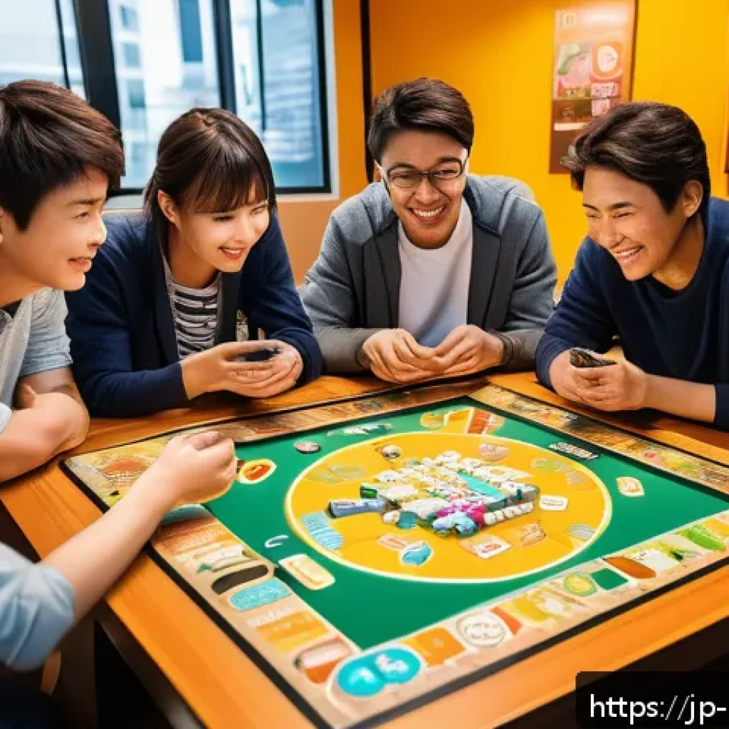 보드게임 스타트업 사례 - A vibrant board game startup scene featuring a modern game table with diverse players of various age...