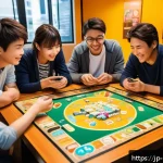 보드게임 스타트업 사례 - A vibrant board game startup scene featuring a modern game table with diverse players of various age...
