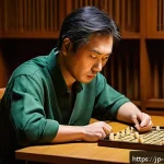 보드게임과 심층 분석 - A focused Japanese adult male board game player sitting at a traditional wooden table with shogi pie...