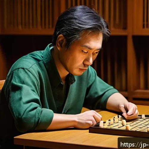 보드게임과 심층 분석 - A focused Japanese adult male board game player sitting at a traditional wooden table with shogi pie...