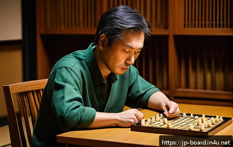 보드게임과 심층 분석 - A focused Japanese adult male board game player sitting at a traditional wooden table with shogi pie...