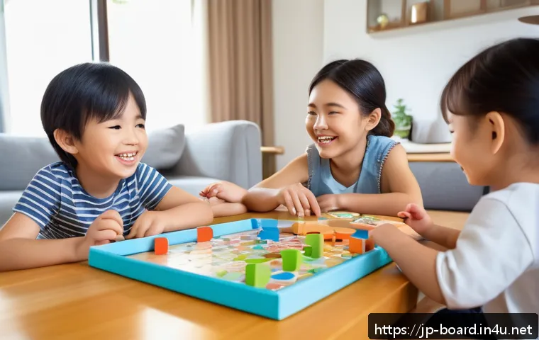 보드게임 추천 팁 - A cozy family scene in a bright, modern living room where a diverse group of family members includin...