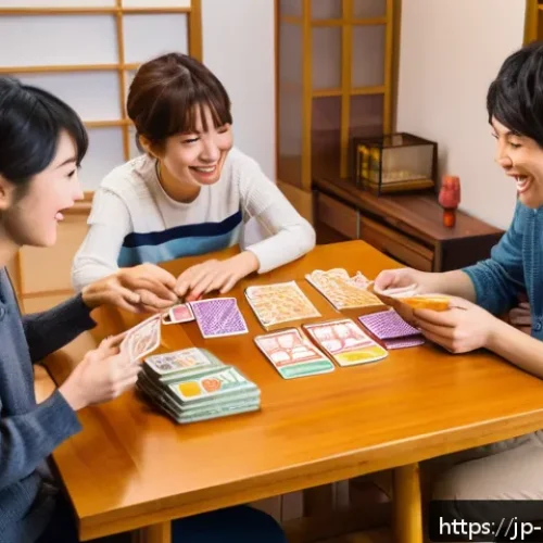 보드게임과 유머 요소 - A cozy and lively Japanese-style game room filled with friends playing a card game around a low wood...