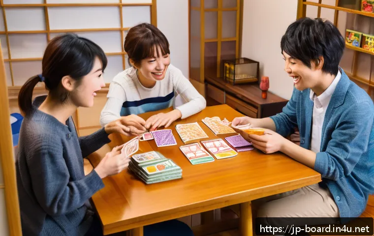 보드게임과 유머 요소 - A cozy and lively Japanese-style game room filled with friends playing a card game around a low wood...