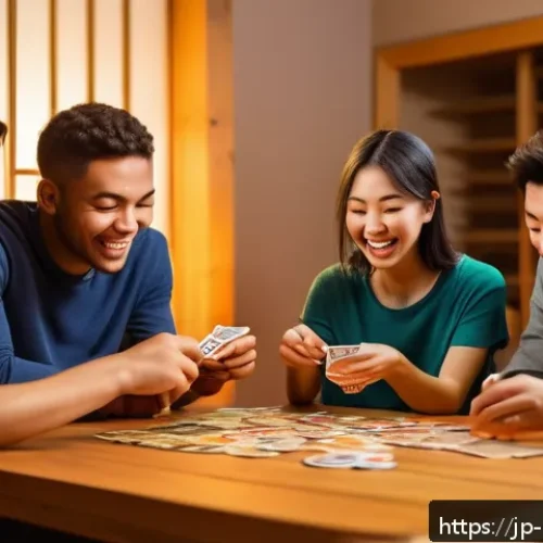 보드게임 정글 스피드 - A lively scene of a group of diverse young adults playing Jungle Speed around a wooden table in a co...