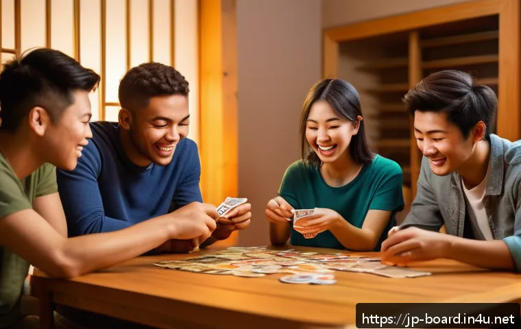 보드게임 정글 스피드 - A lively scene of a group of diverse young adults playing Jungle Speed around a wooden table in a co...