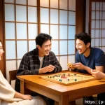 보드게임 관련 코스 - A cozy Japanese-style living room scene where a diverse group of friends, dressed in casual clothes ...