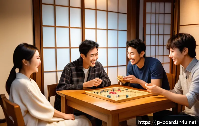 보드게임 관련 코스 - A cozy Japanese-style living room scene where a diverse group of friends, dressed in casual clothes ...