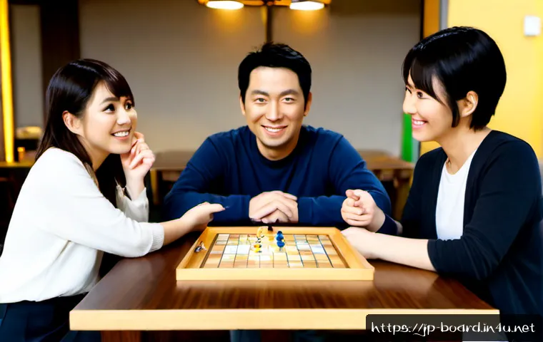 보드게임 마니아 교류 - Photorealistic scene of four Japanese adult board game enthusiasts exchanging strategy ideas around ...