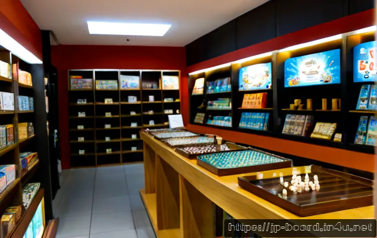 보드게임 샵 추천 - Photorealistic interior of a welcoming Japanese board game shop, wide eye-level composition with nea...